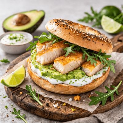 Bagel con Bastoncini di Baccalà avocado e yogurt lime