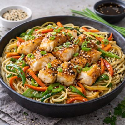 Straccetti-di-Baccalà-Norvegese-in-salsa-teriyaki-con-noodles-e-verdure